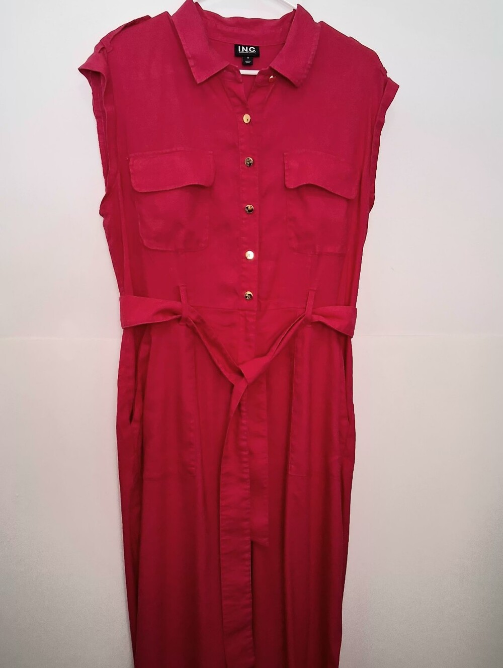 INC Jumpsuit Hot Pink Sleeveless With Belted With Gold Bottoms Size 14 Large